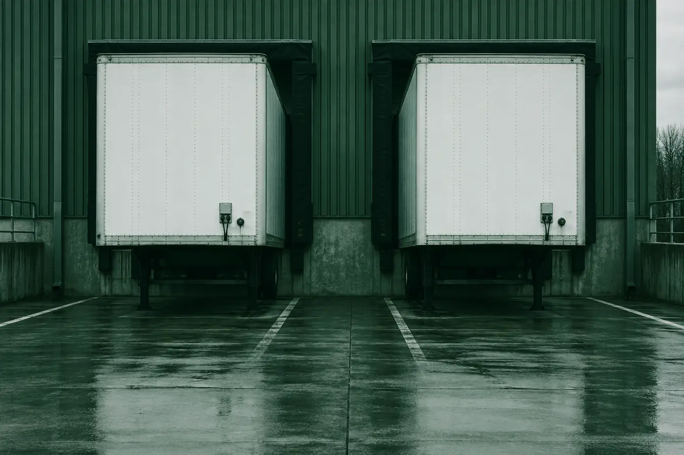 Semi-trailers backed into numbered loading dock bays at a distribution centre