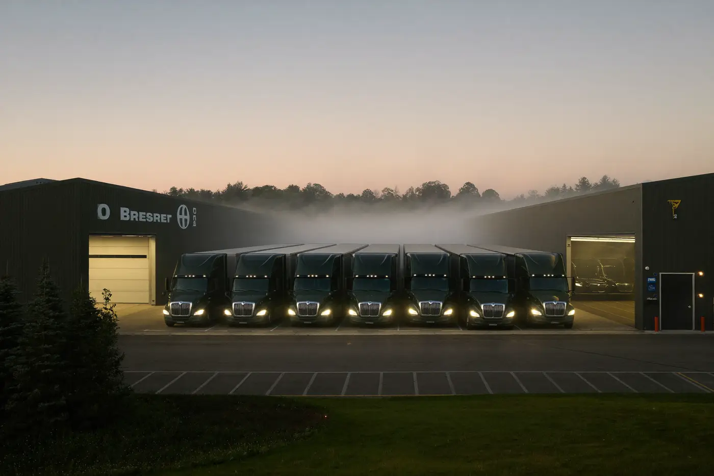 A row of semi-truck trailers docked at a distribution center at dawn