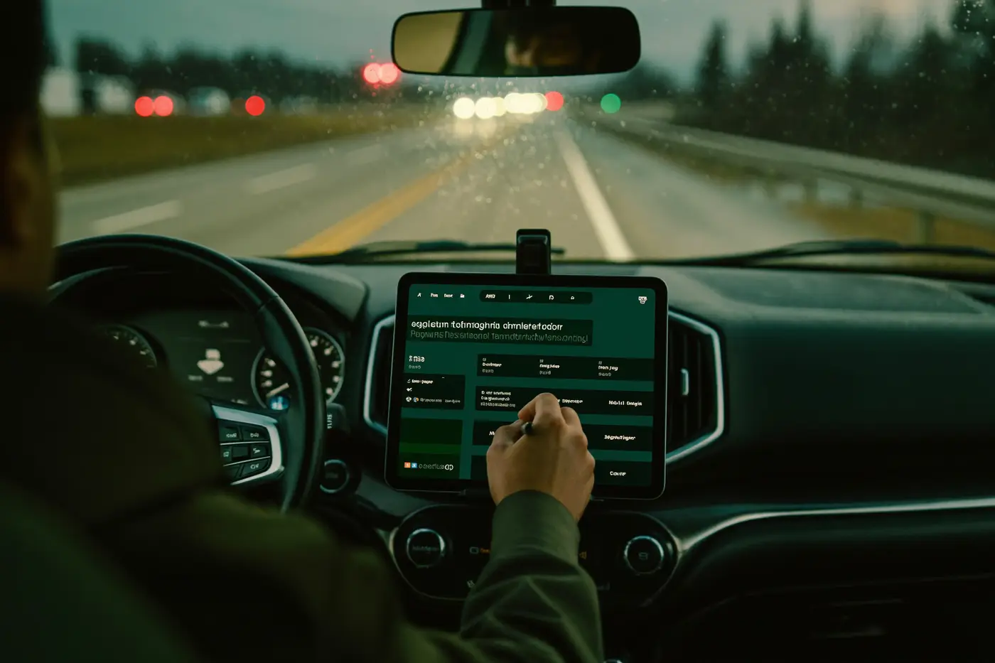 A driver signing a delivery on a dash-mounted tablet at dusk
