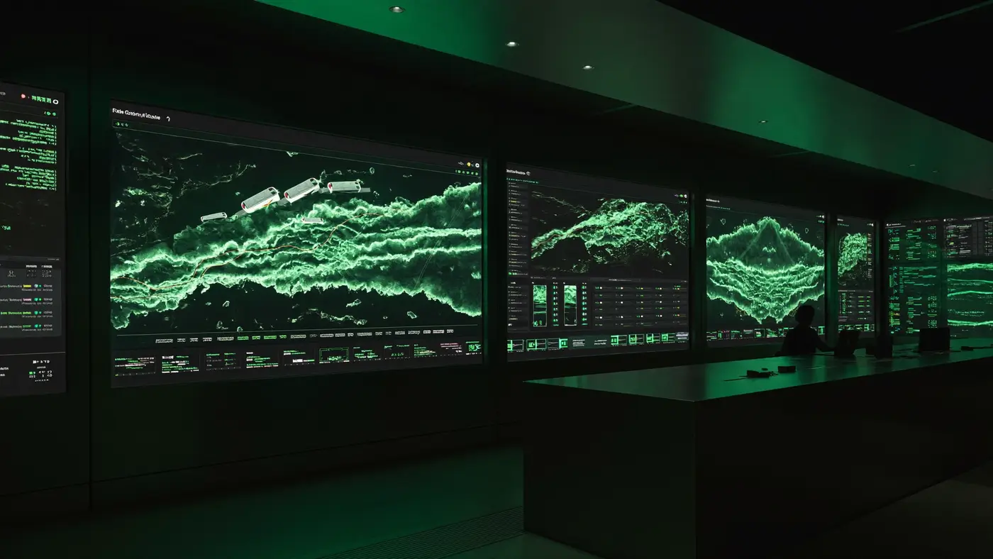A logistics operations room with wall screens showing live route maps